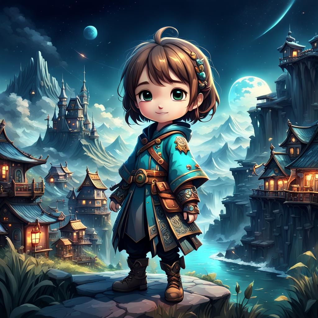 Adorable Chibi Character with Breathtaking Digital Landscape