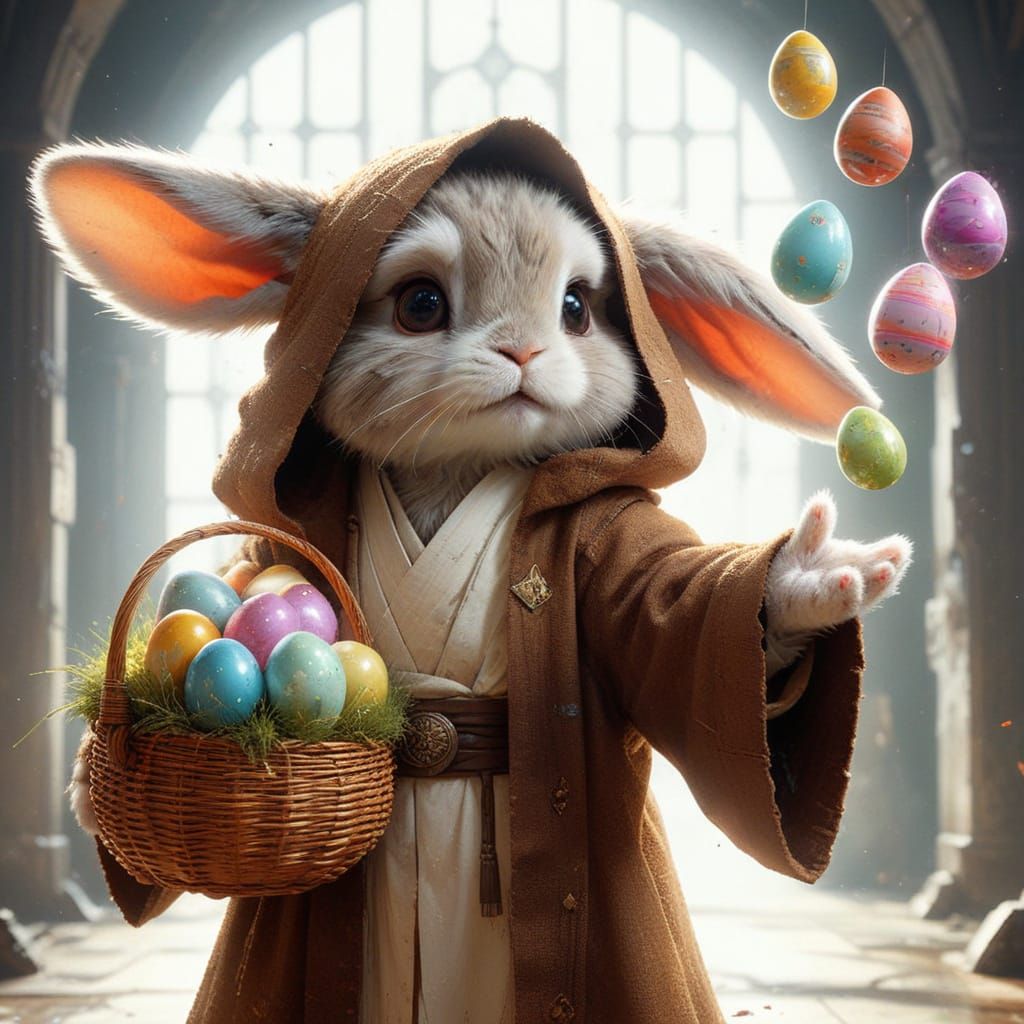 Adorable Jedi Bunny Levitates Easter Basket in Temple