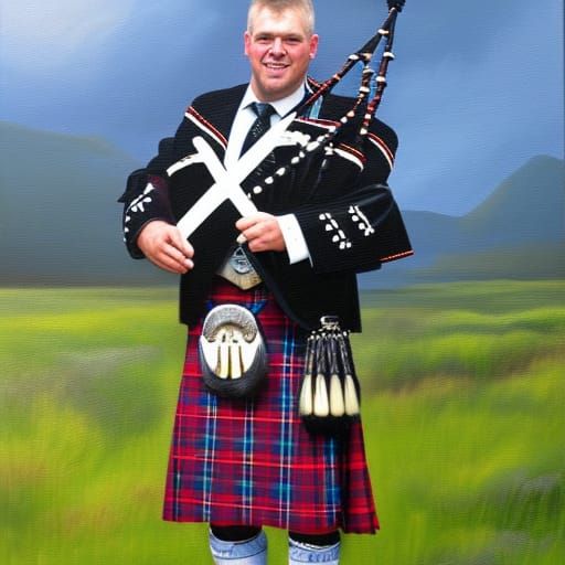 Scottish Tartan, Kilt, and Bagpipe Oil Painting