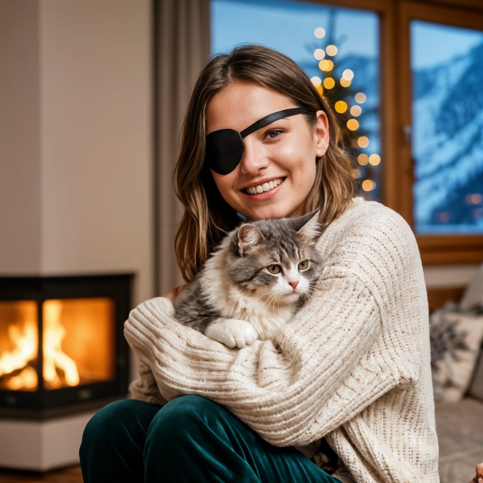 Woman with Eyepatch Hugs Cat in Cozy Winter Scene