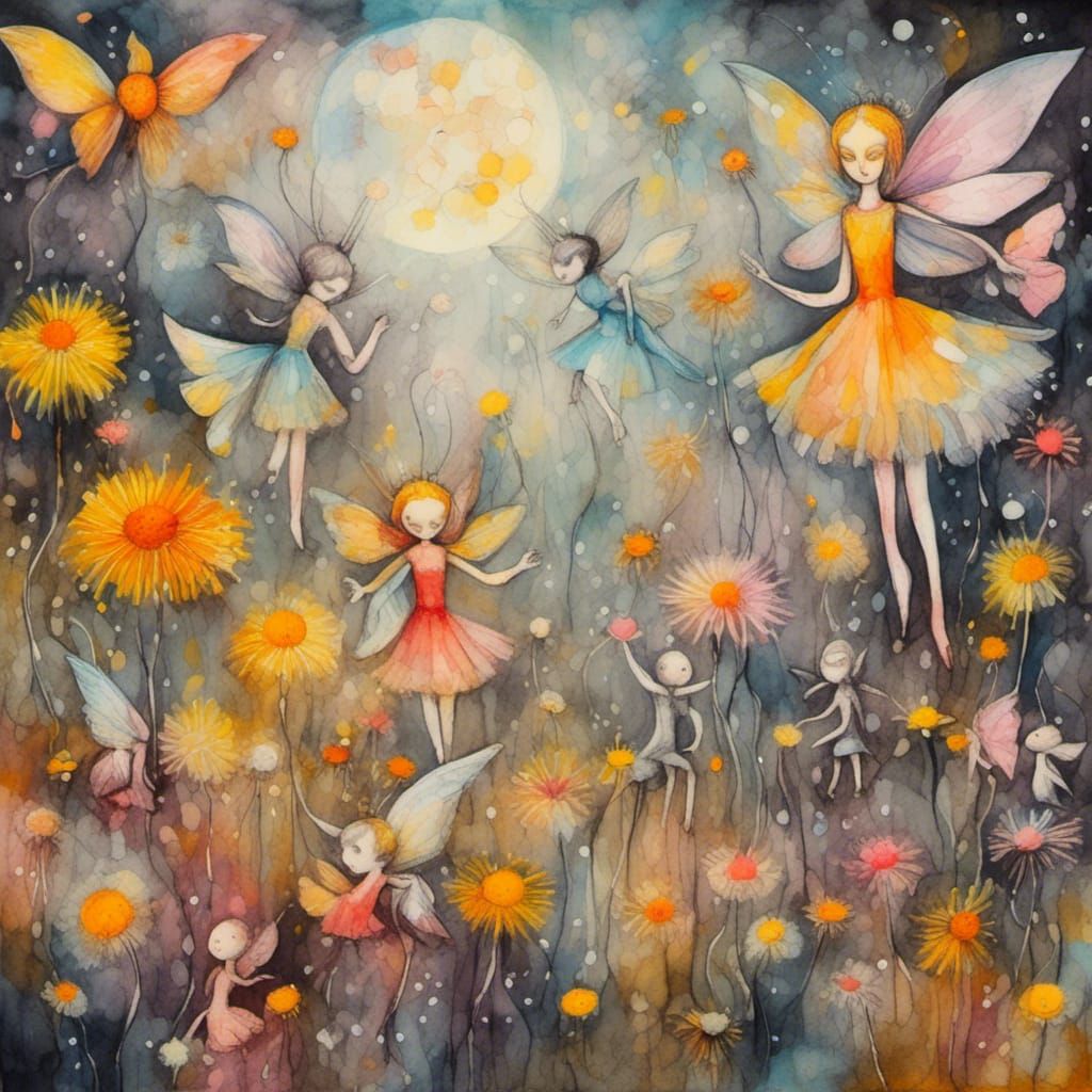 Winged Fairies in Dandelion Dreamscape, Surreal Art