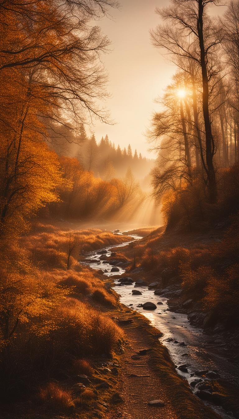 Autumnal Forest Path at Dusk: Cinematic Landscape