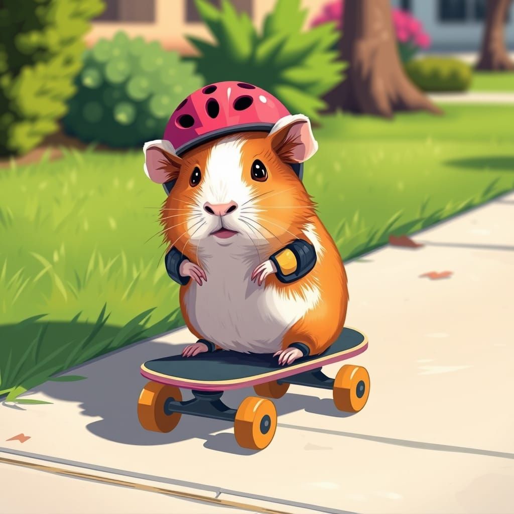 Vibrant Guinea Pig on Whimsical Skateboard Ride