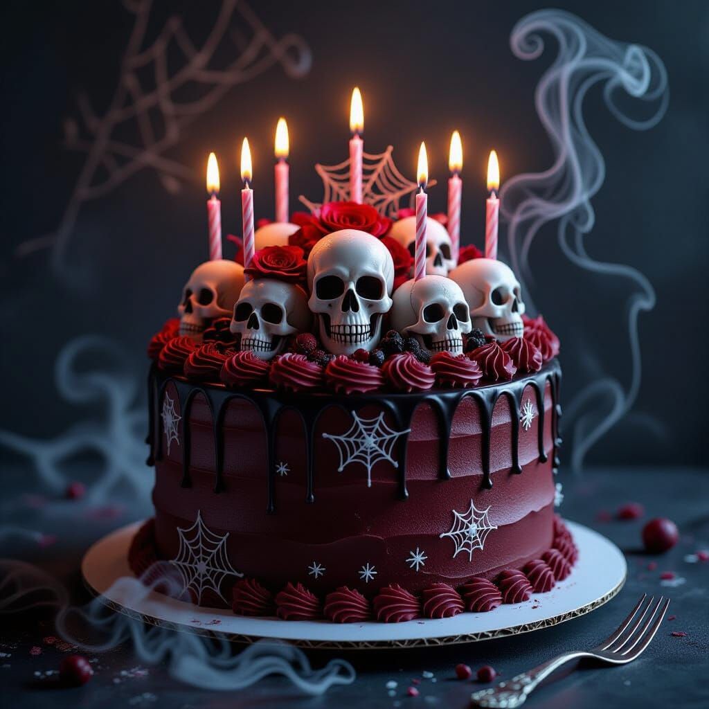 Gothic Fantasy Spooky Birthday Cake with Cobwebs and Skulls