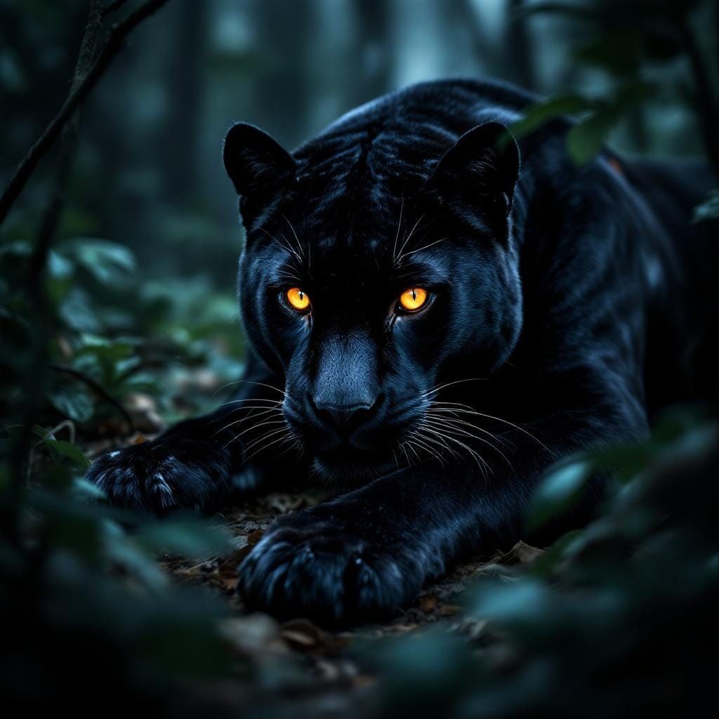 Black Panther in Stormy Jungle with Glowing Eyes