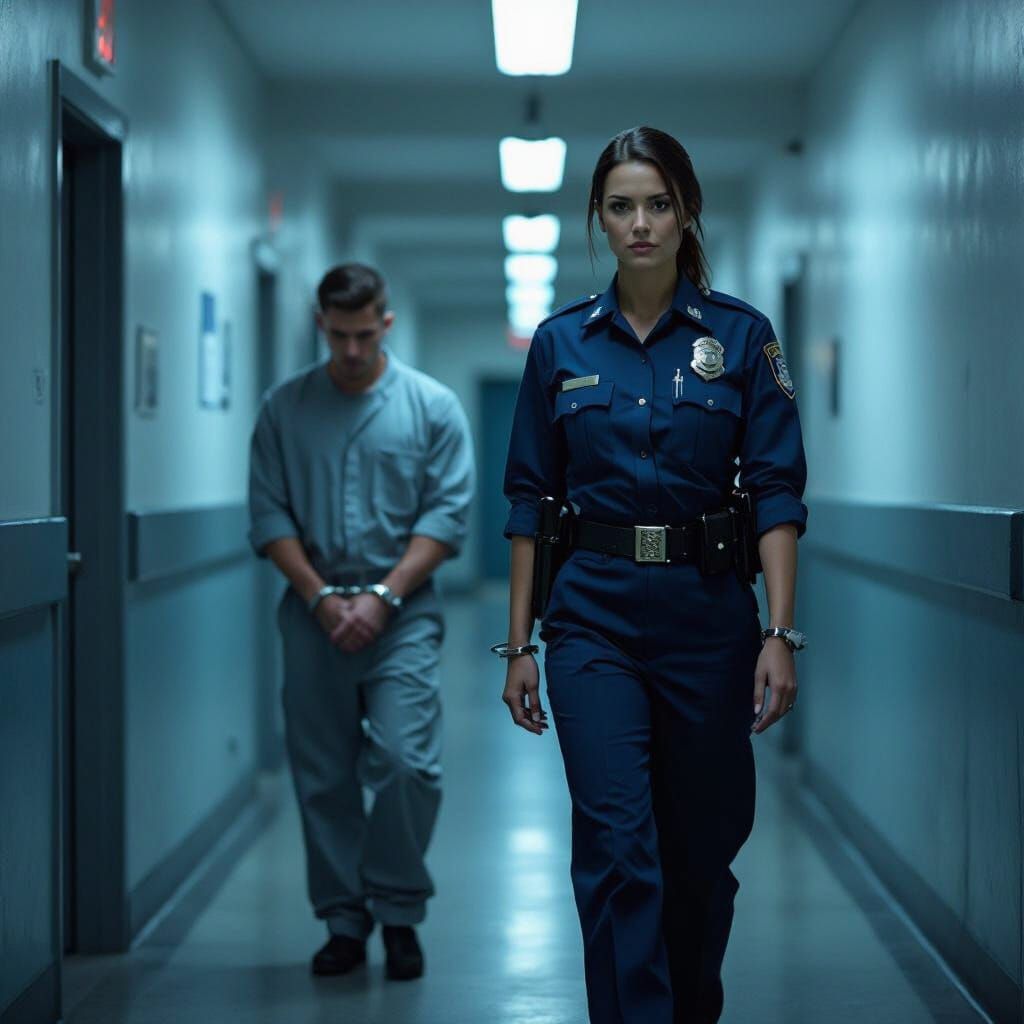 Stern Policewoman Escorts Prisoner in Dim Hallway