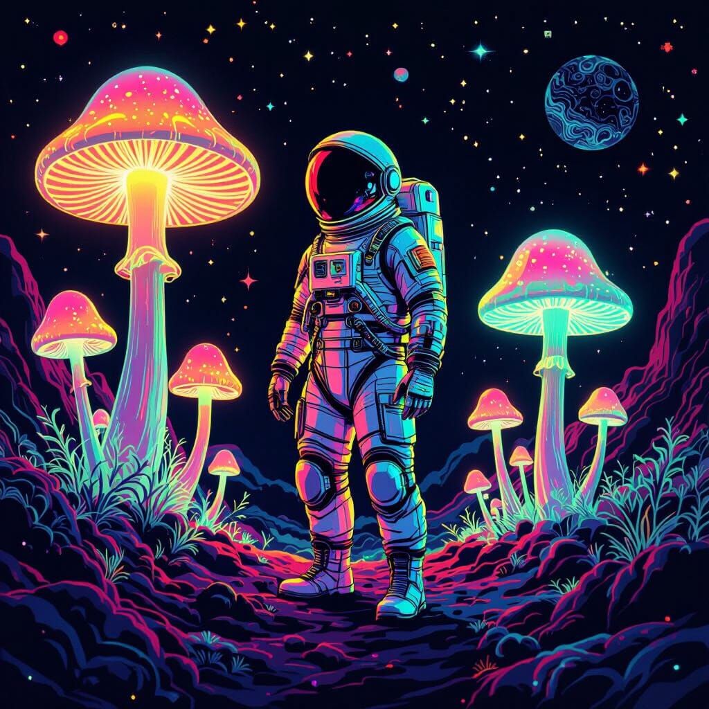 Astronaut on Alien Planet with Neon Mushrooms