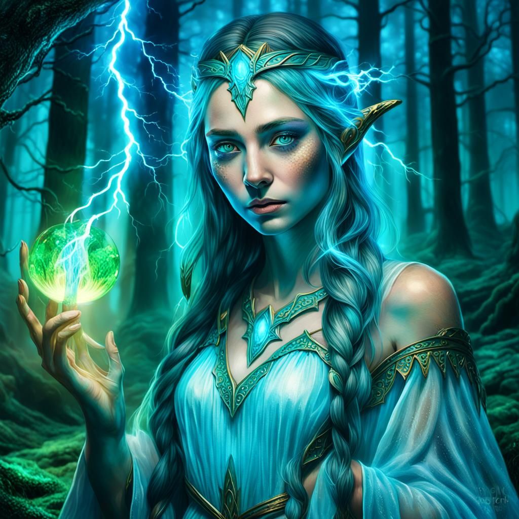 Elven Maiden Casting Cyan Lightning Magic in Forest