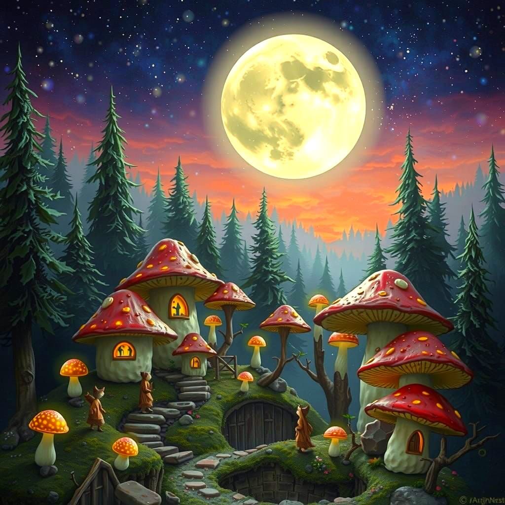 Whimsical Mushroom Village at Night in a Dense Forest