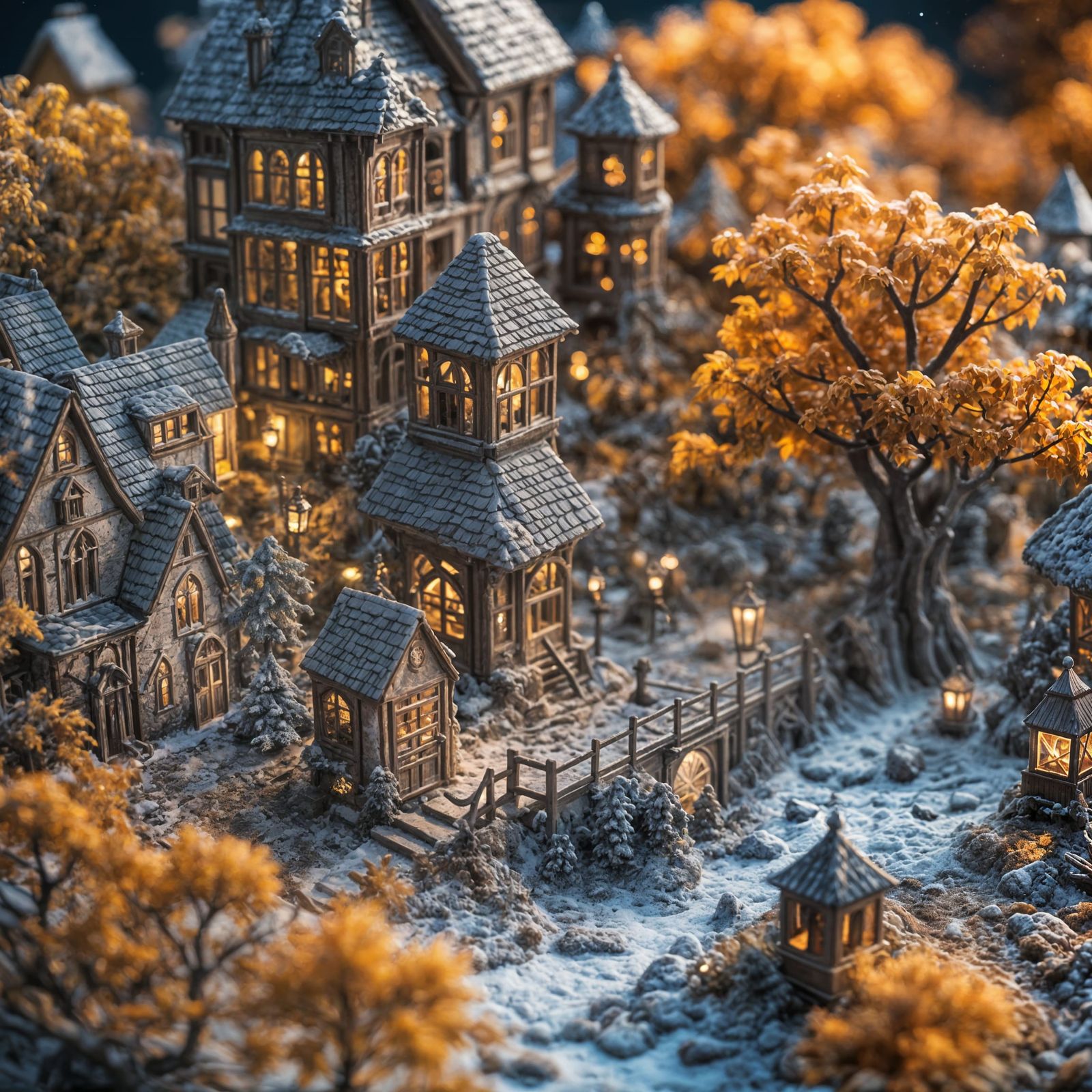 Winter Village Carved in Autumn Leaf, Macro Fantasy Photogra...