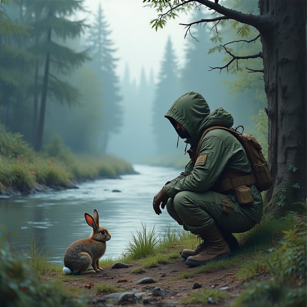 Camouflaged Man Observes Rabbit in Forest Landscape
