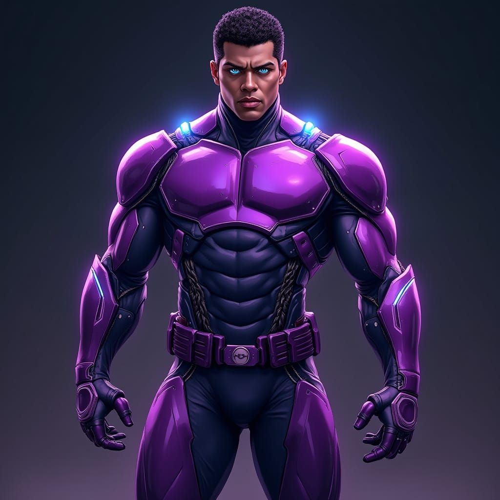 Glowing Indigo Nano-Cyborg in Futuristic Armor