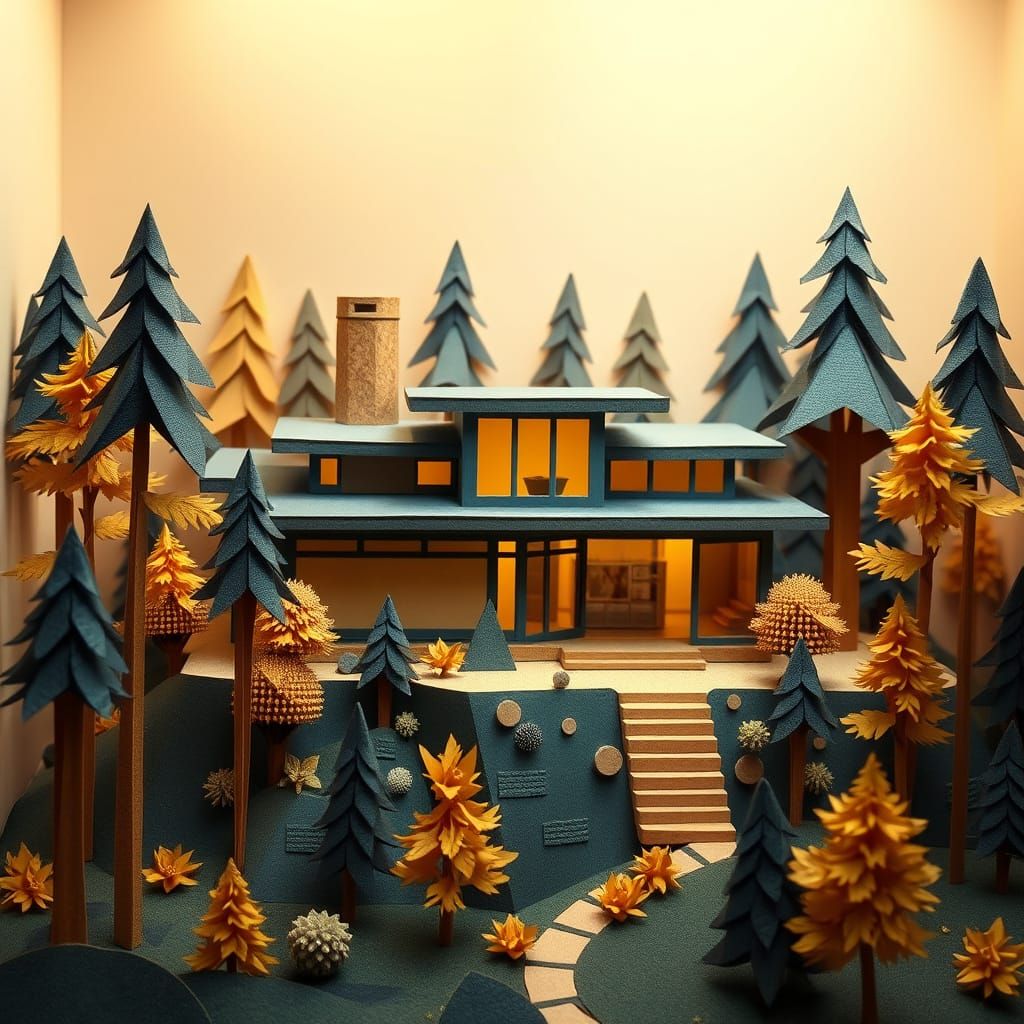 Origami House Diorama in Forest, Frank Lloyd Wright Style