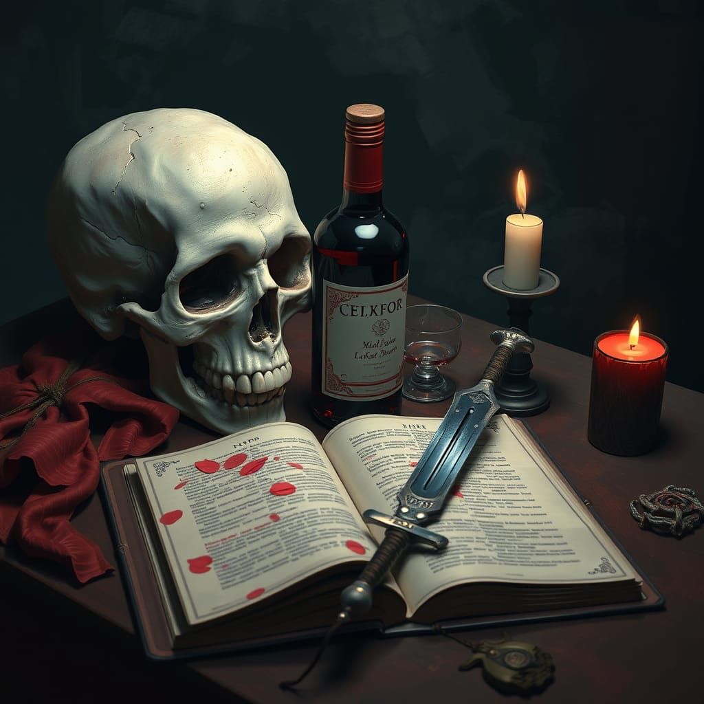 Elegant Fantasy Scene with Skull, Wine, and Dagger
