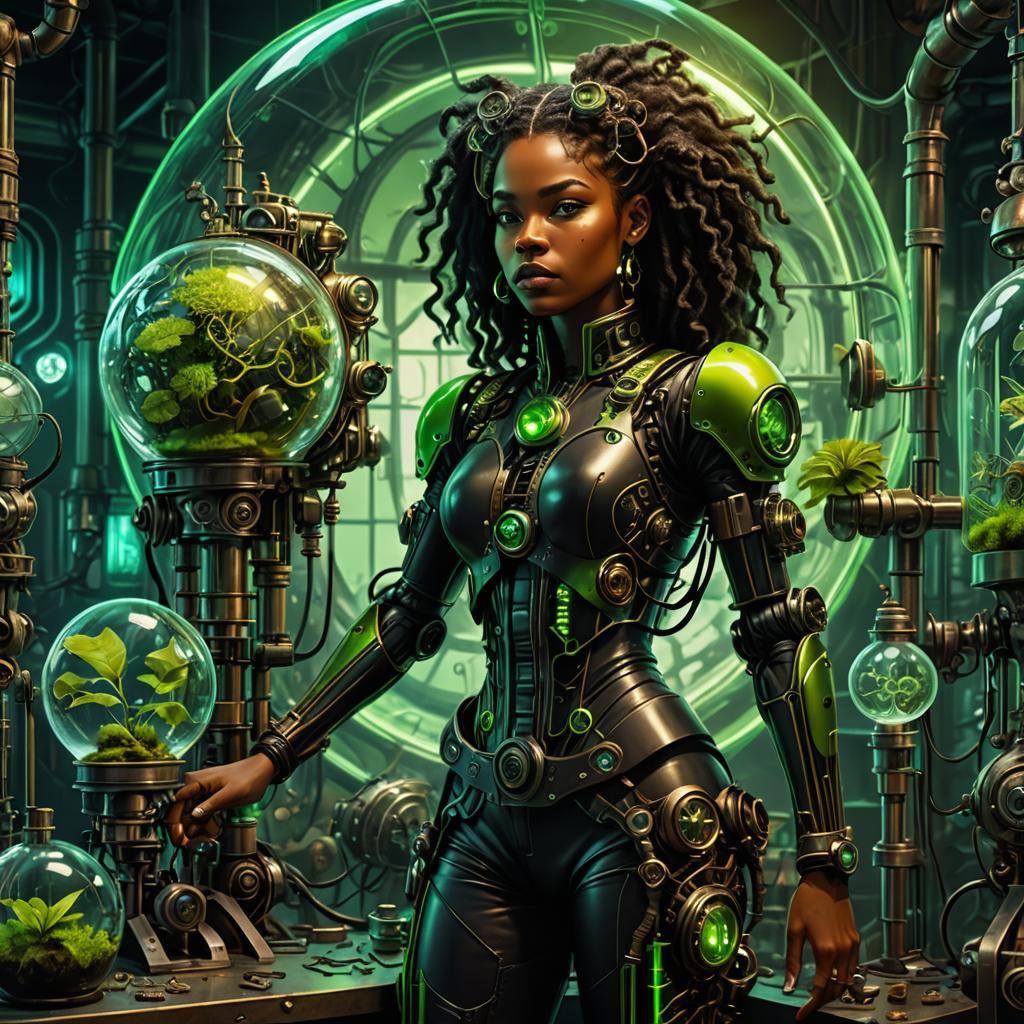 Steampunk Biomechanical Woman in a Surreal Laboratory