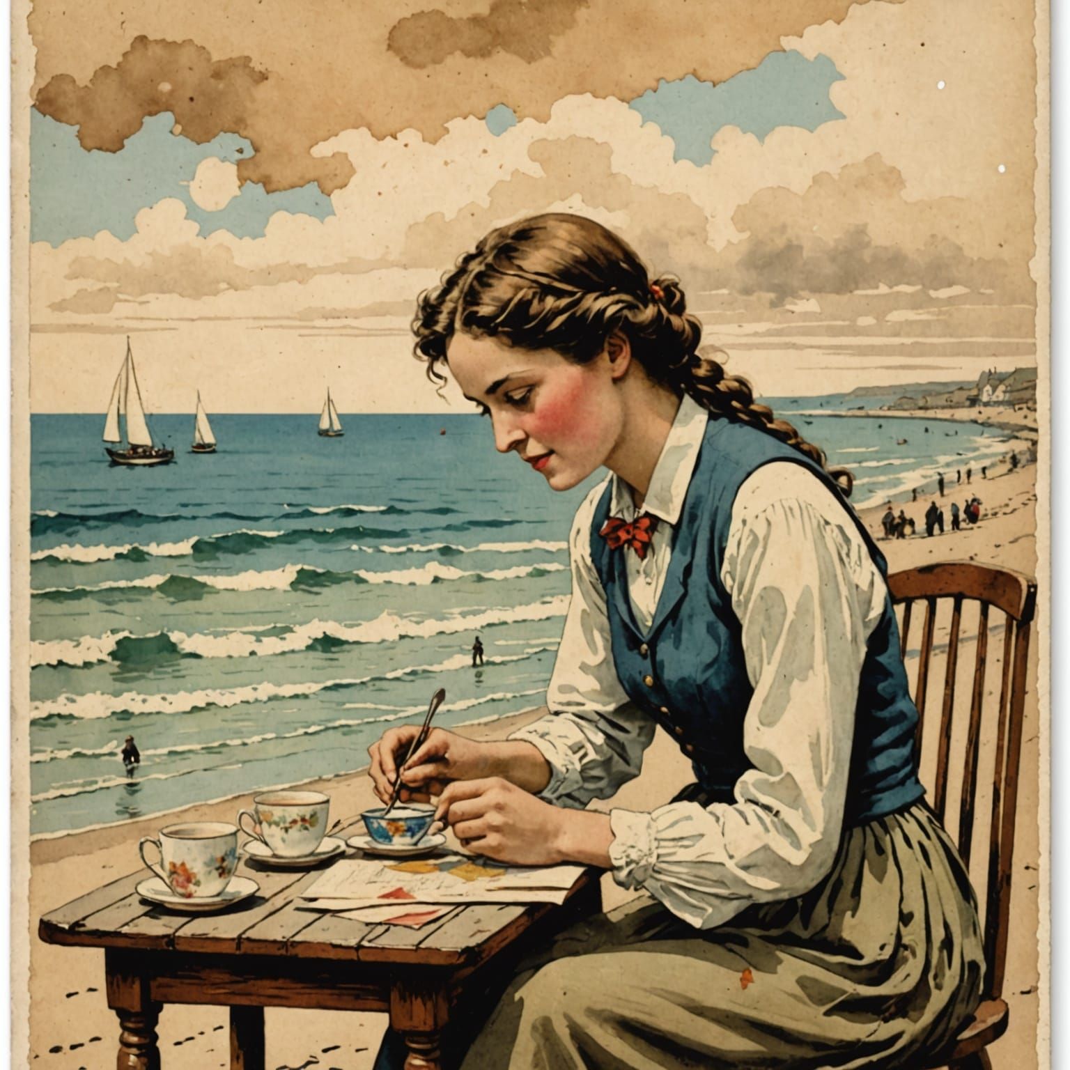 Tea-Stained Seaside Postcard in Vintage Style