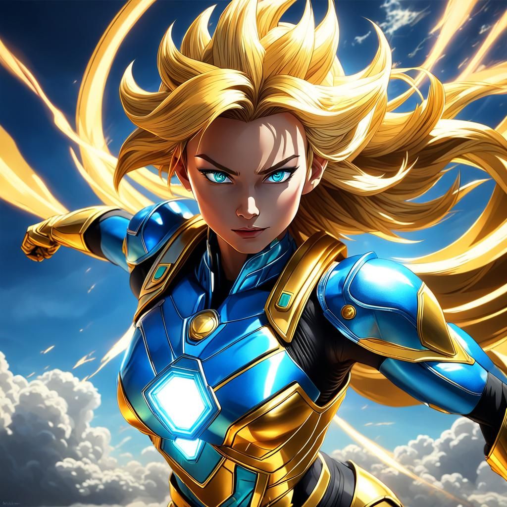 Super Saiyan Heroine Soaring Through Clouds