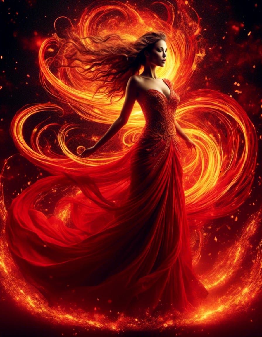 Woman in Flame Dress: Dark Fantasy Digital Art