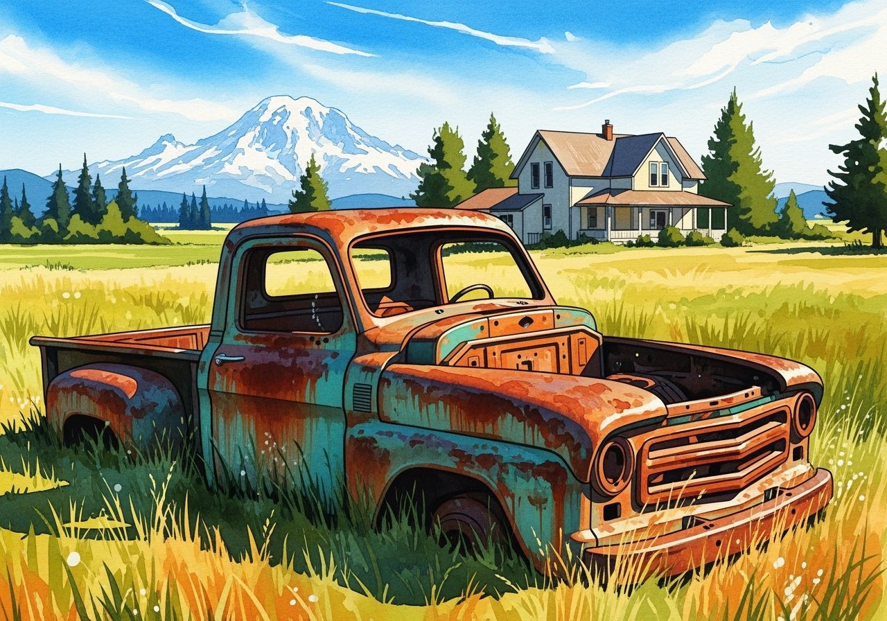 Watercolor Landscape with Abandoned Truck