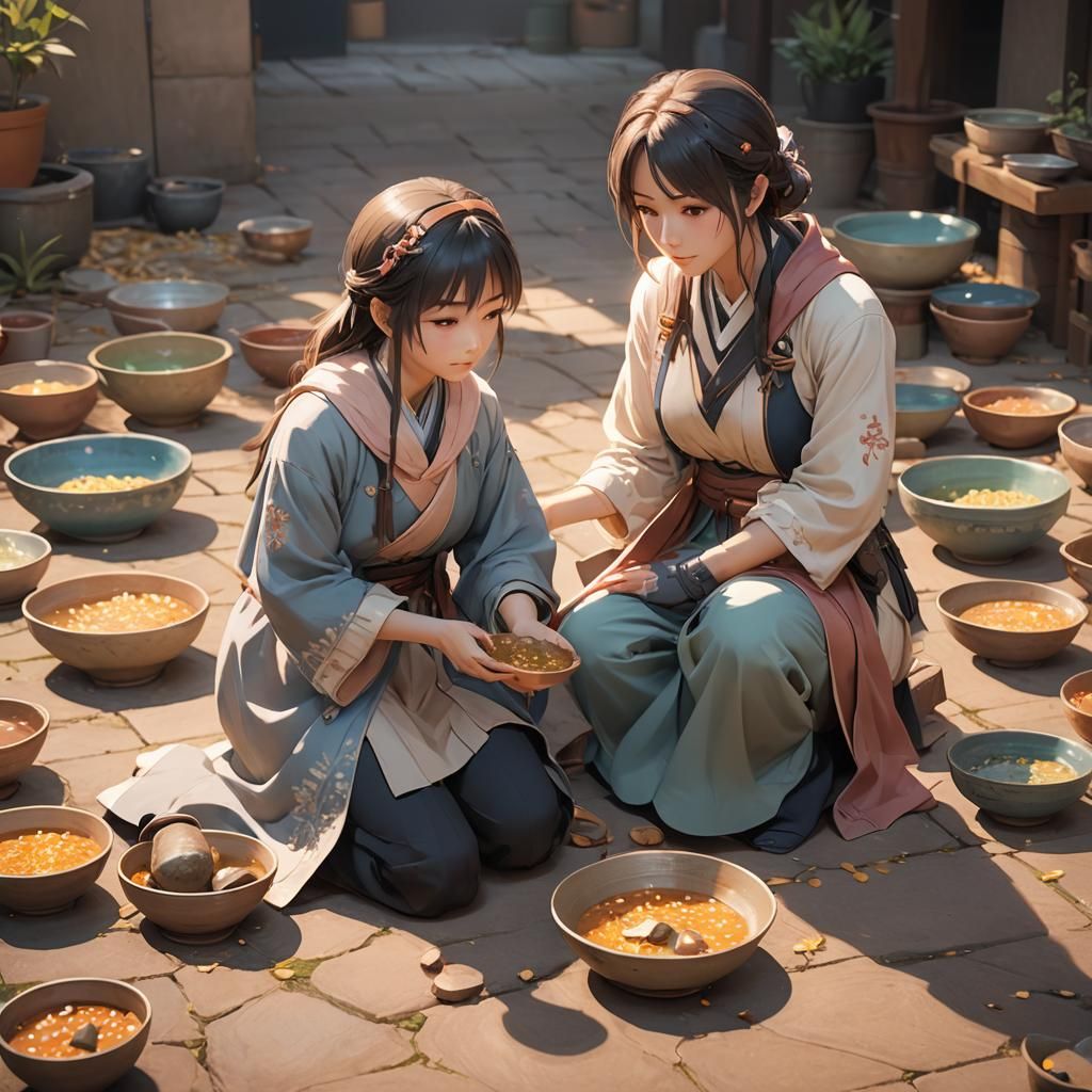 Mother and Daughter Begging in Anime Style