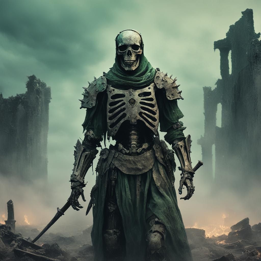 Dystopian Skeletal Figure in Ruins