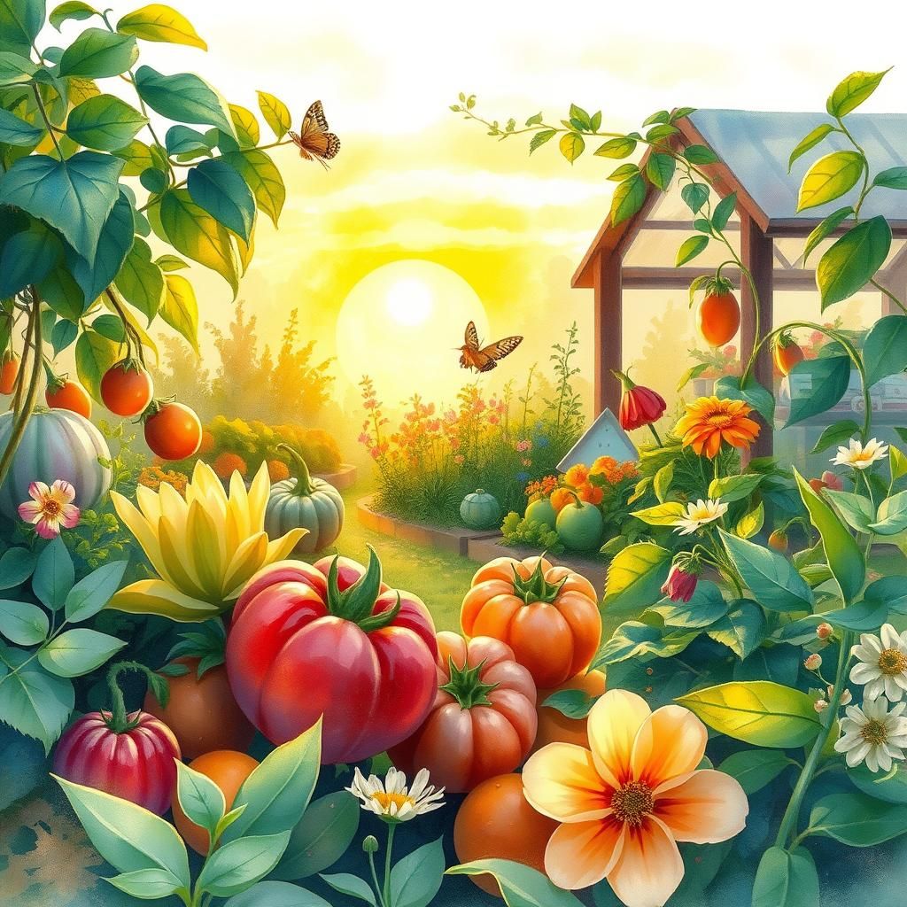 Sunset Garden in Watercolor Style