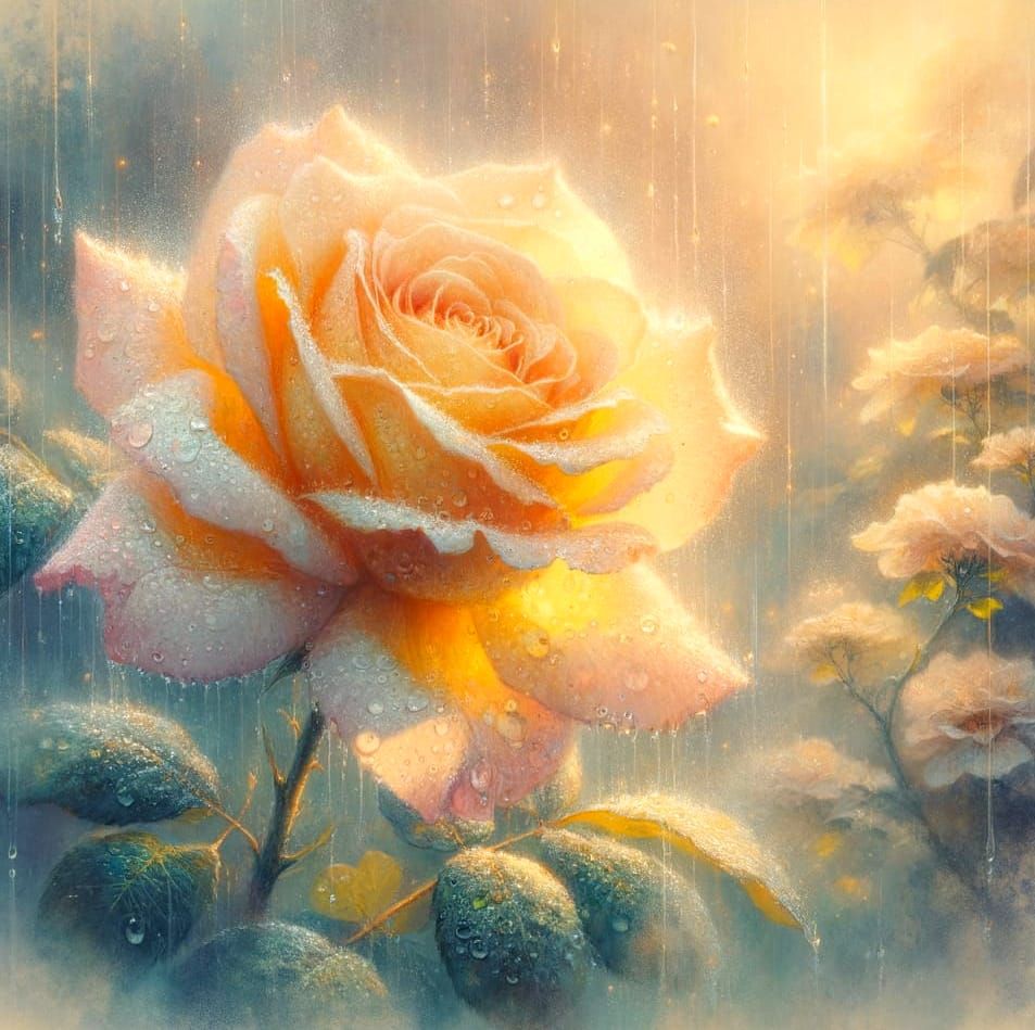 Dreamy Rose in Rainy Garden: Ethereal Painting
