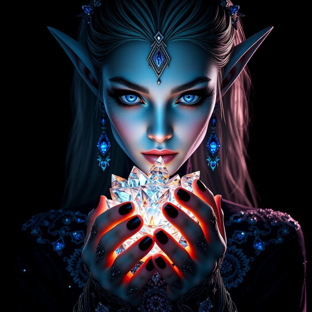 Enchanting Blue-Fire Elf Woman in Gothic Elegance