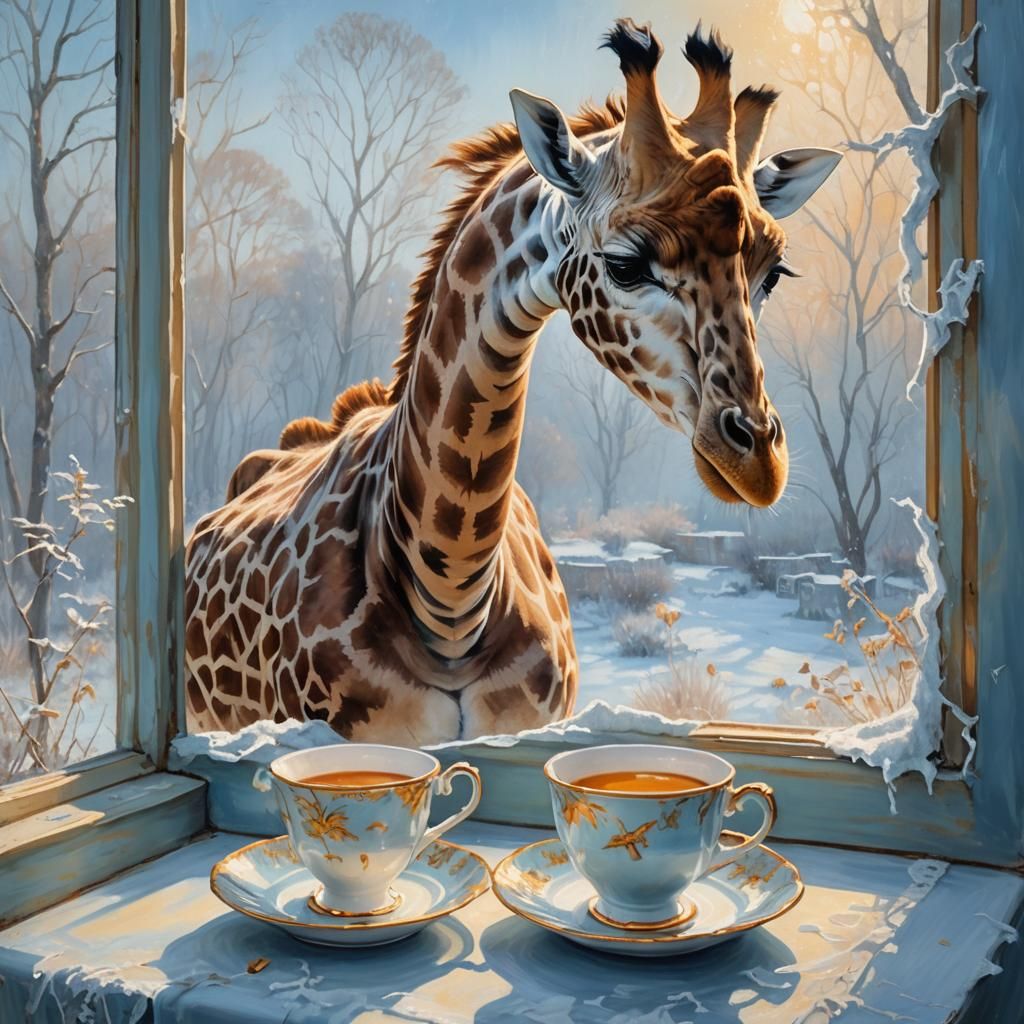 Giraffe's Tea Time: Acrylic Impressionist Painting