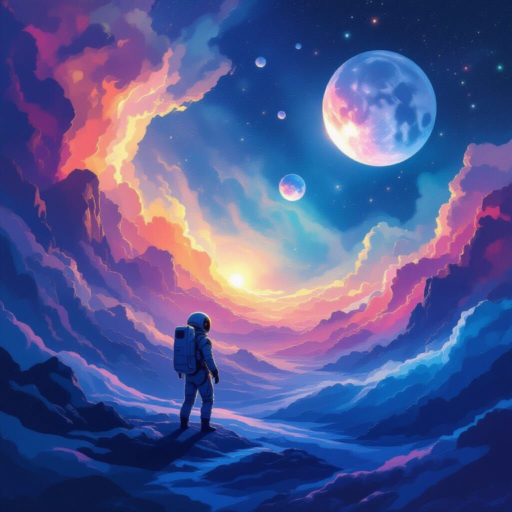 Astronaut Adrift in Watercolor Cosmos with Crystalline Moons