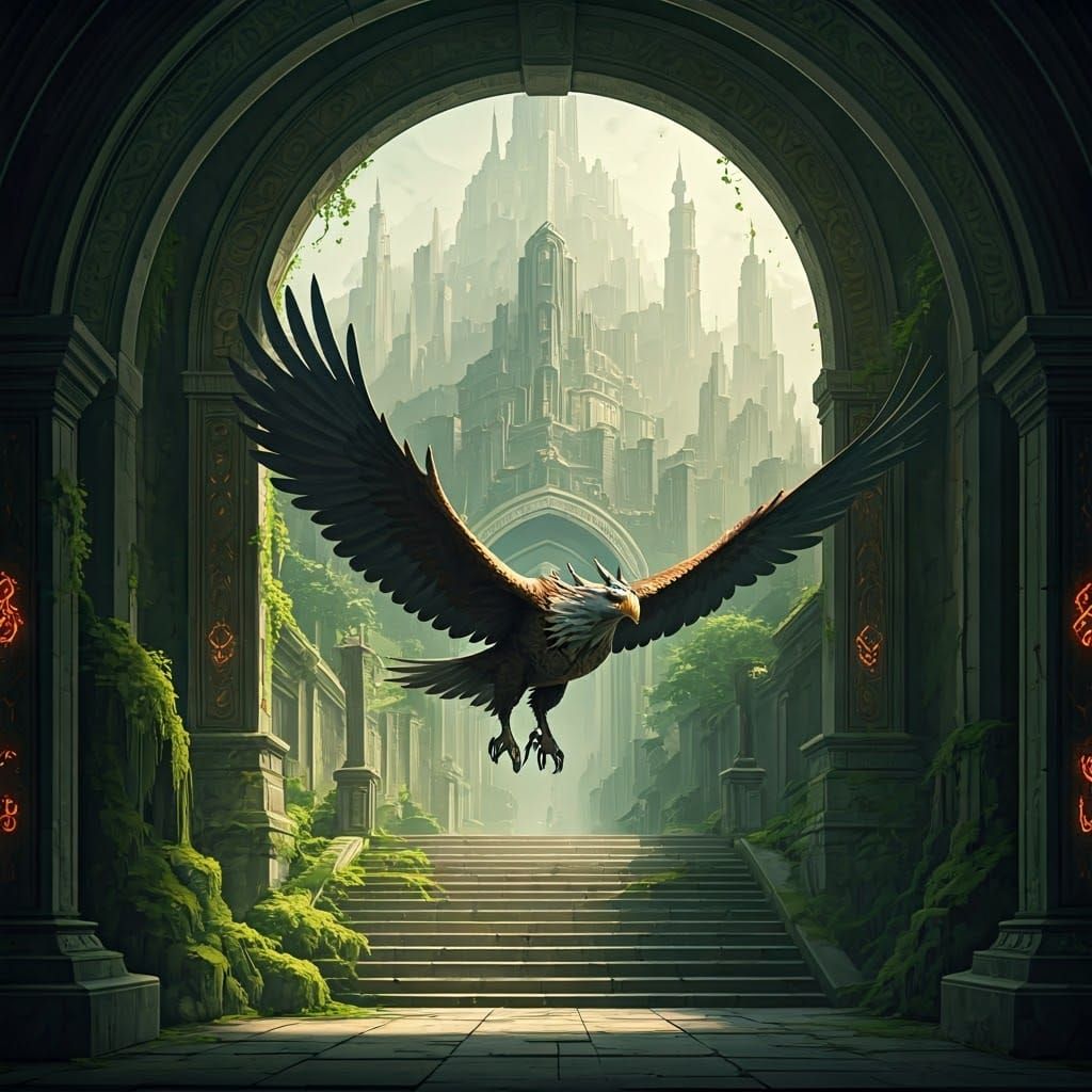 Dragon Eagle Soaring Through Fantasy City Archway