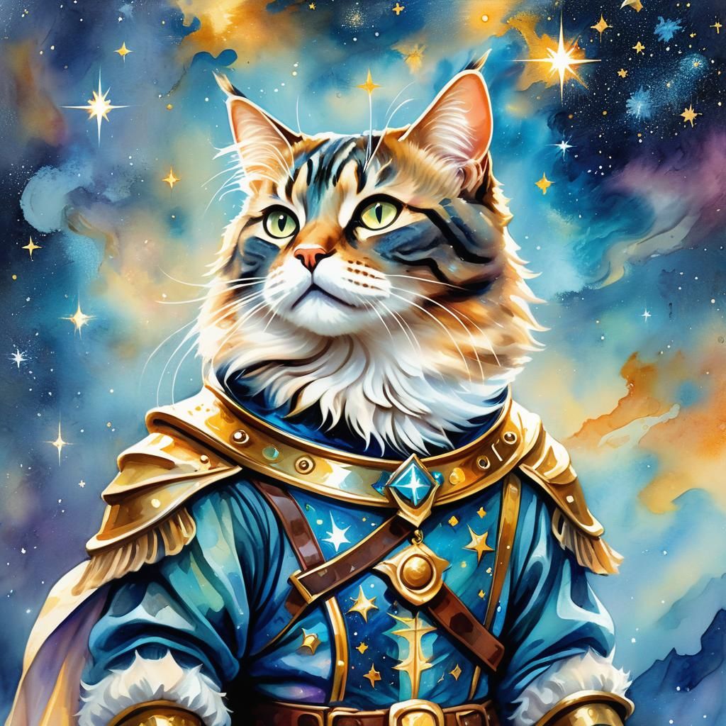 Brave Cat Explorer with Celestial Map in Impressionist Style