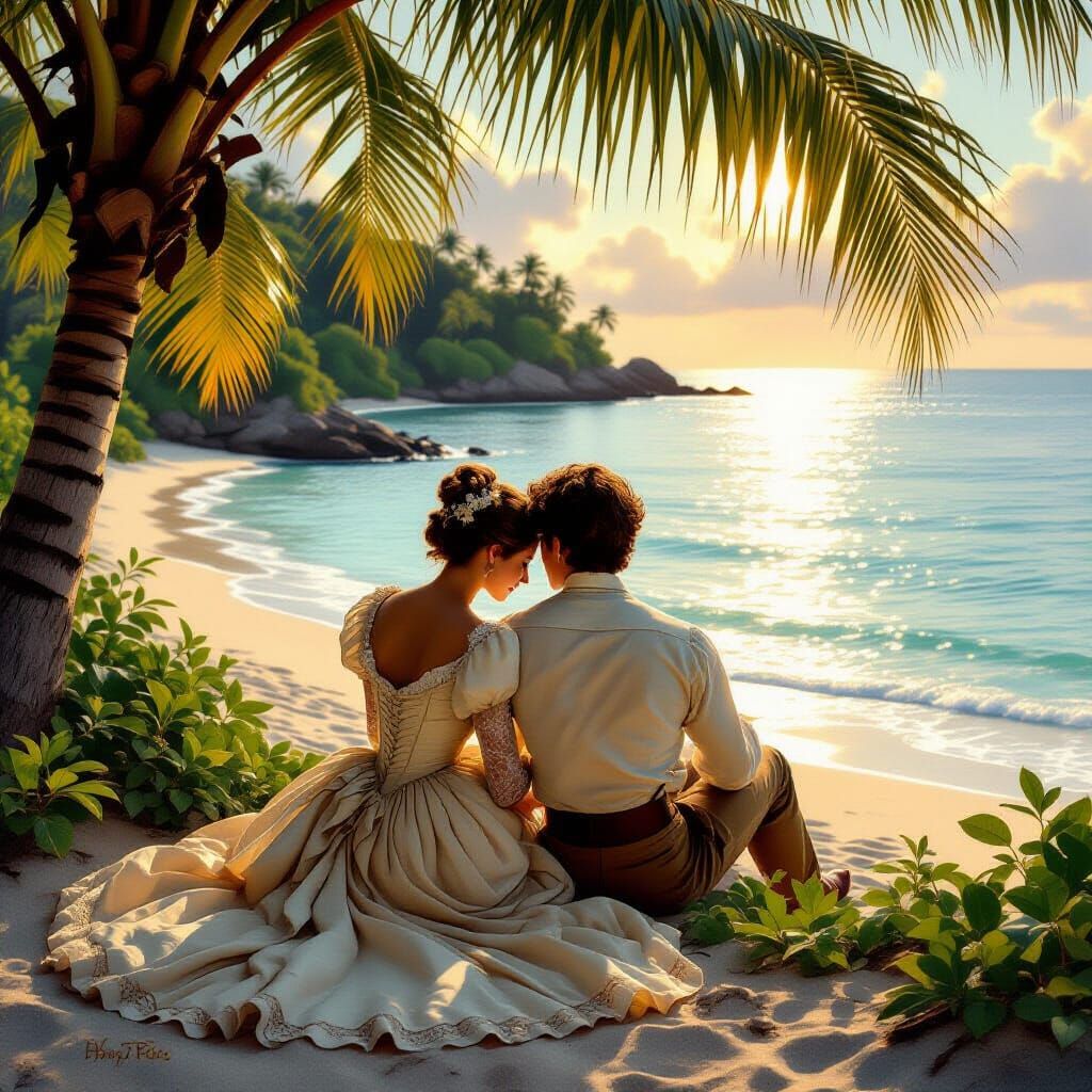 Victorian Couple on Tropical Island at Golden Hour