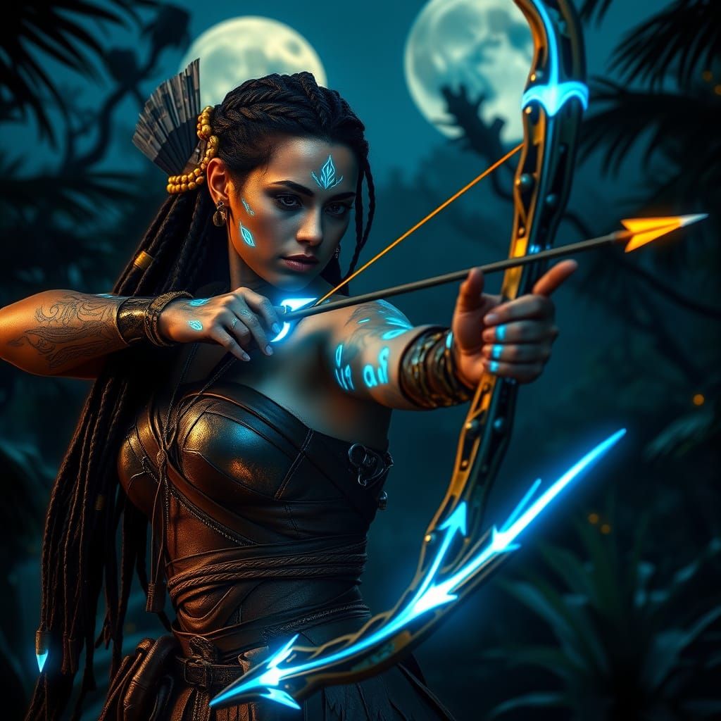 Amazonian Warrior Woman in Moonlit Jungle