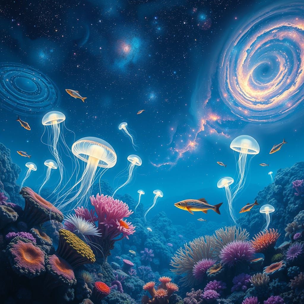 Celestial Coral Reef with Bioluminescent Alien Life