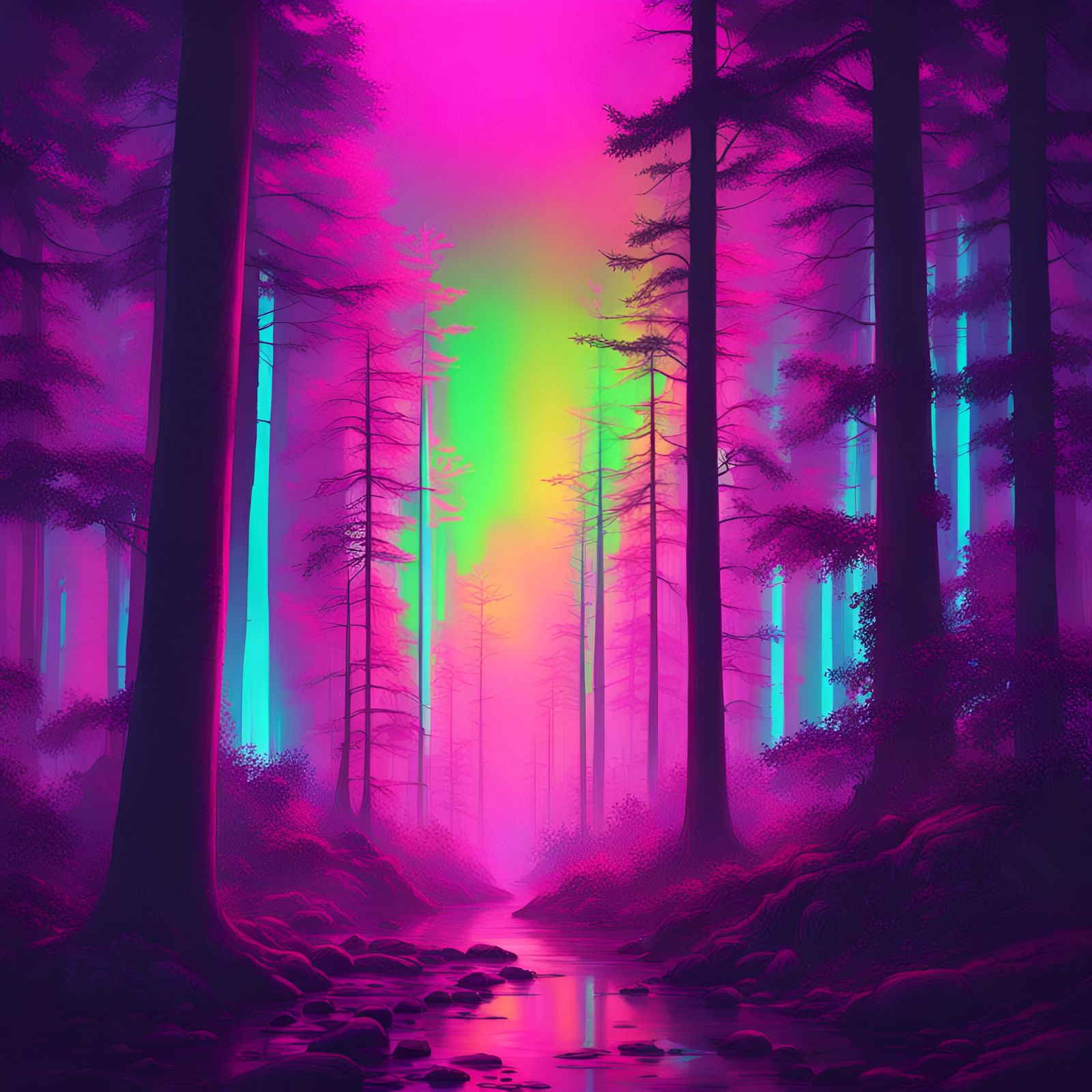 Iridescent Forest with Eerie Glow in Synthwave Style