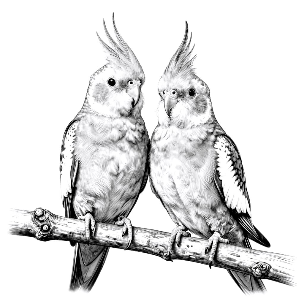 Detailed Line Drawing of Two Cockatiels