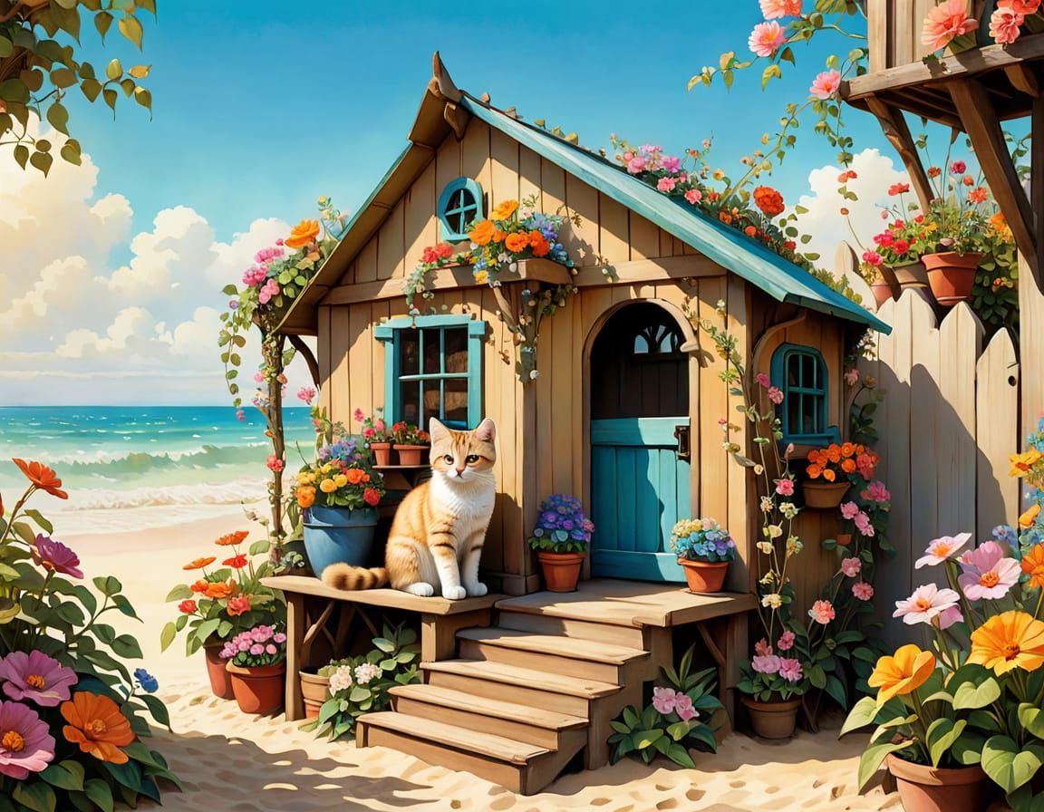 Whimsical Sand Cat in Vibrant Garden Shed