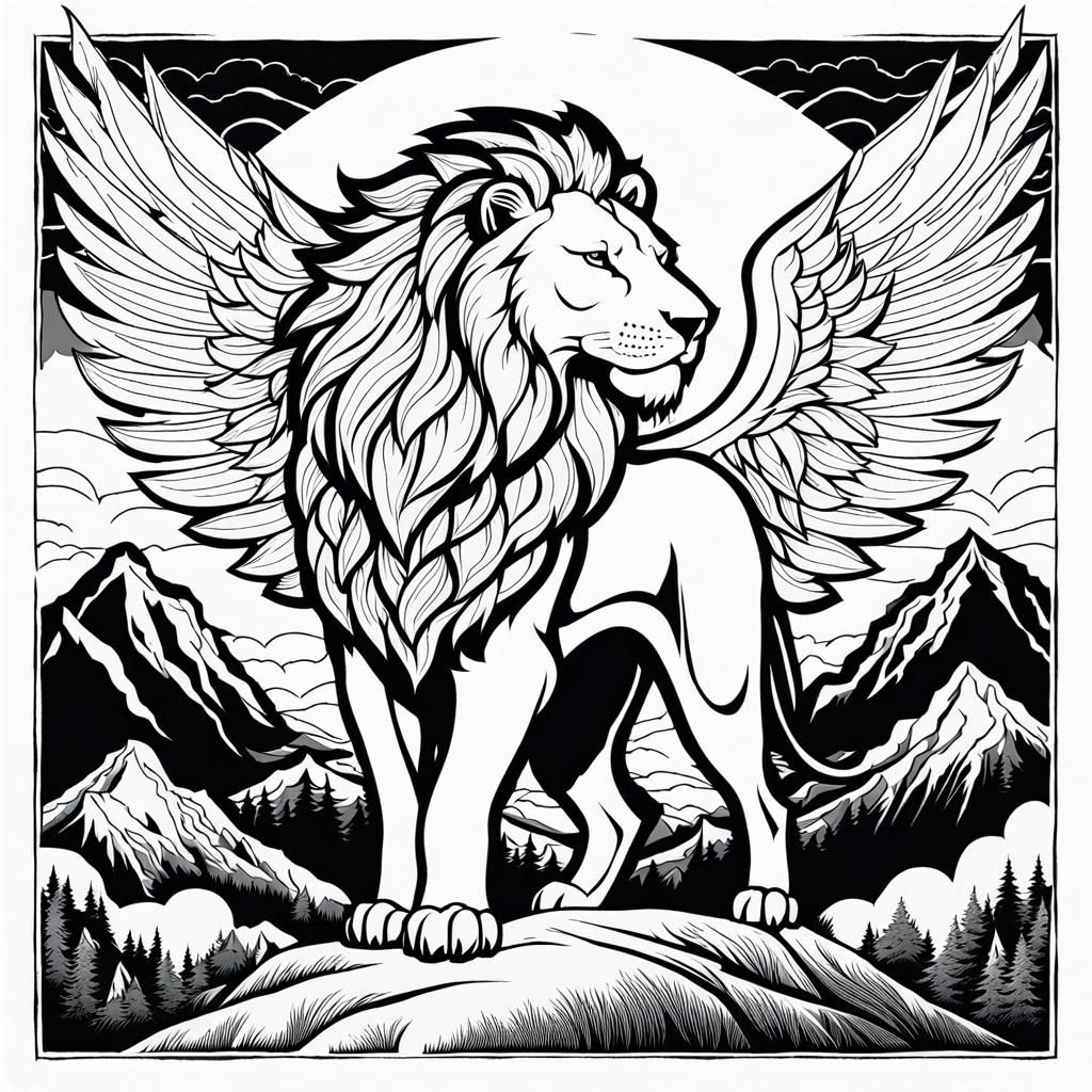 b&w winged lion illustration 2