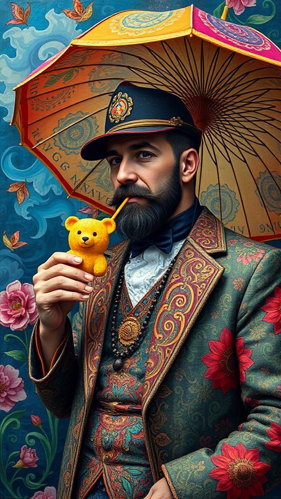 Bear Nacho Umbrella contrasting colors deep color impressionism qajar art poster art quilling oil on canvas 3D shading i...