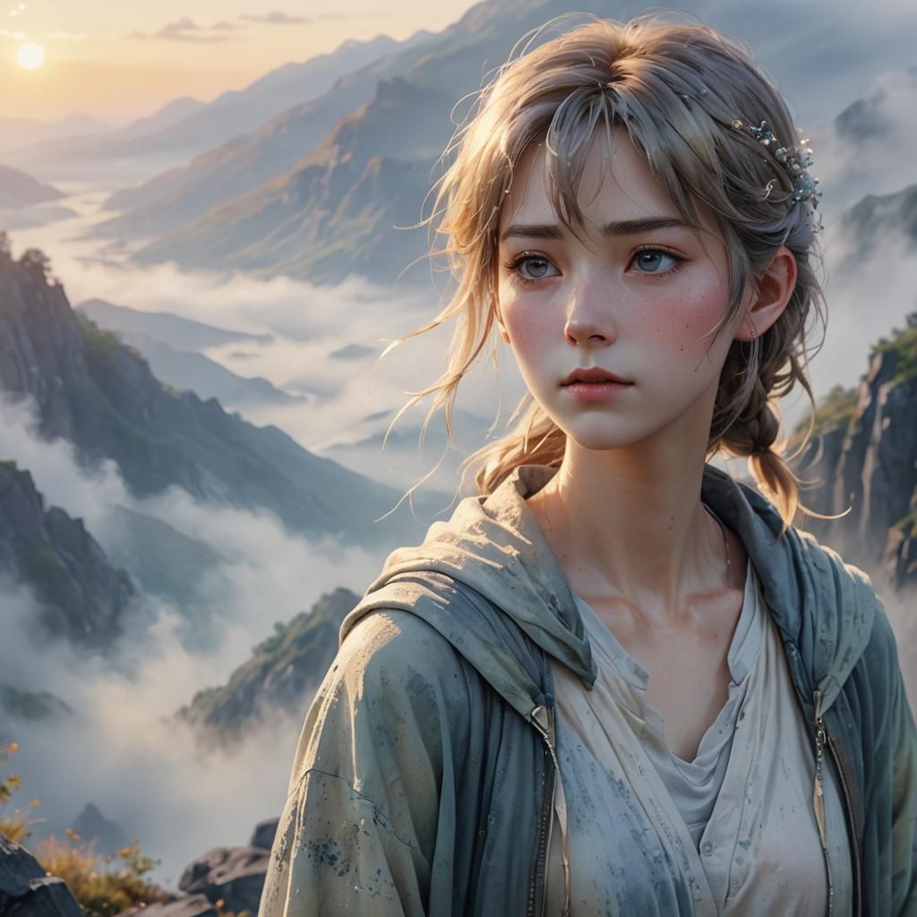 Emotional Anime Portrait on Misty Mountain at Dawn