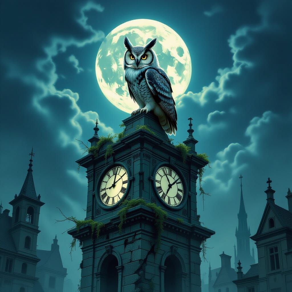 Owl-Feline Creature on Moonlit Clock Tower