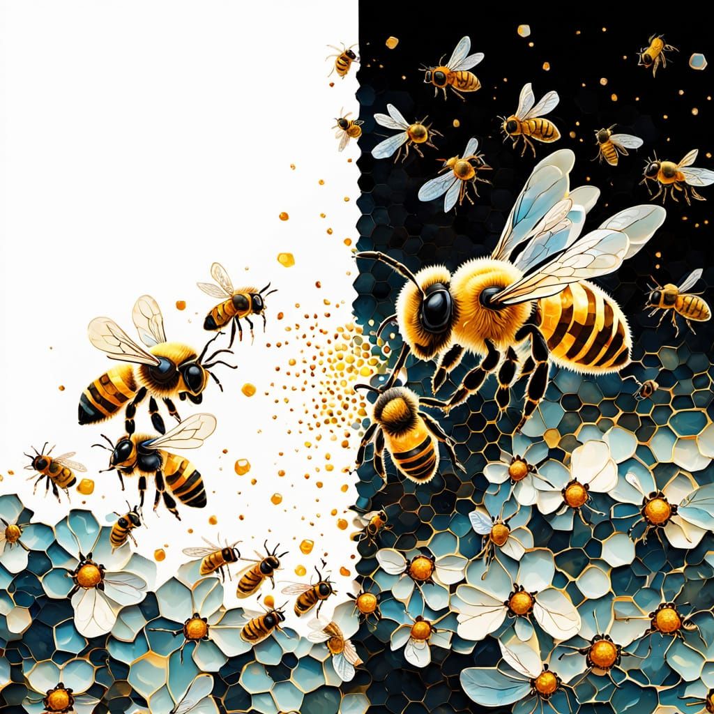Honeycomb and Honeybees in Golden Light: Abstract Expression...