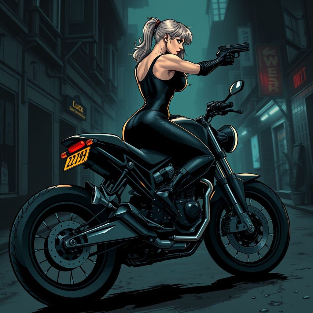 Confident Female Biker Dominates the City Streets in Dark, H...