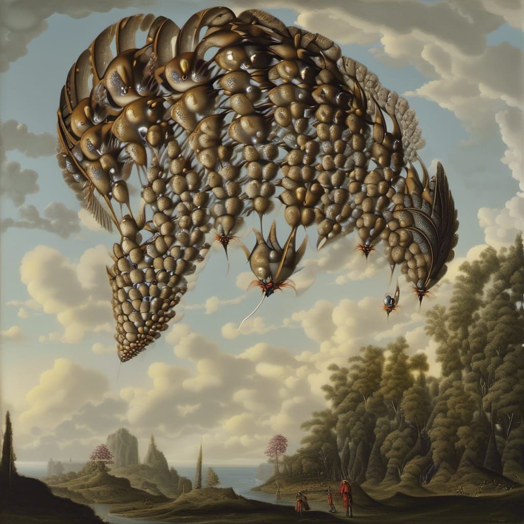 Surreal Restaurant with Bizarre Creatures in Gritty Light