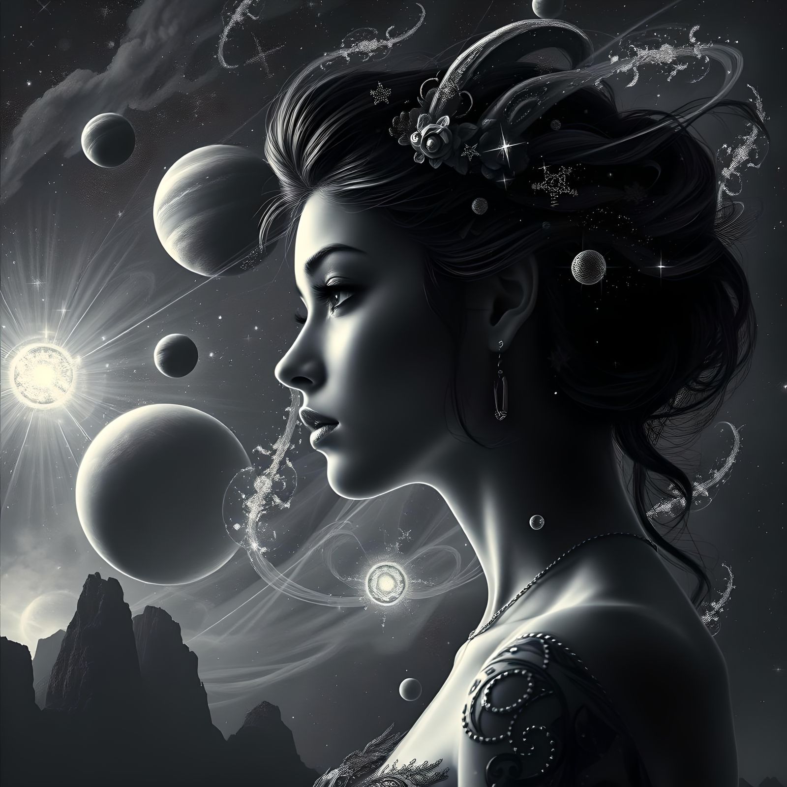 Surreal Woman's Profile with Stars and Planets