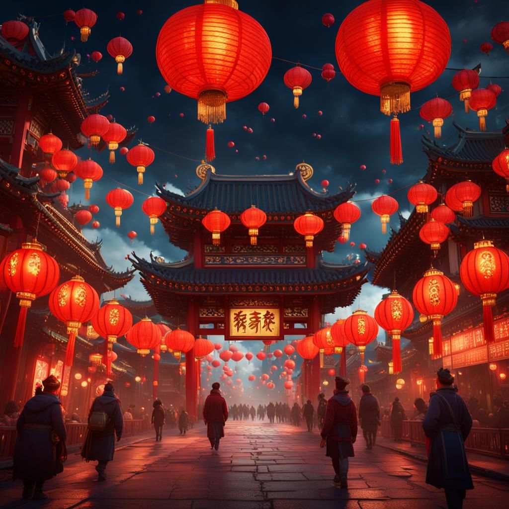 Chinatown Lanterns Illuminate Lunar New Year: Detailed Matte...