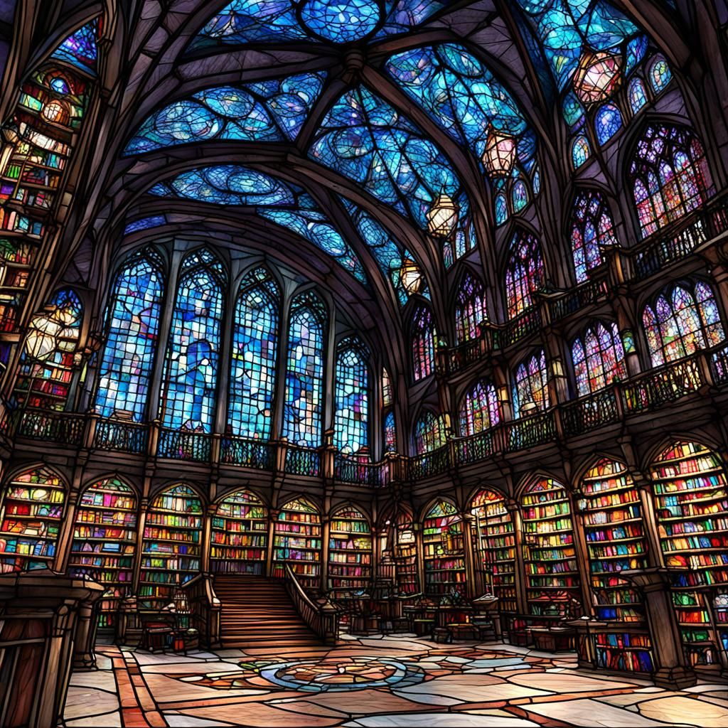 giant fantasy library with stained glass building