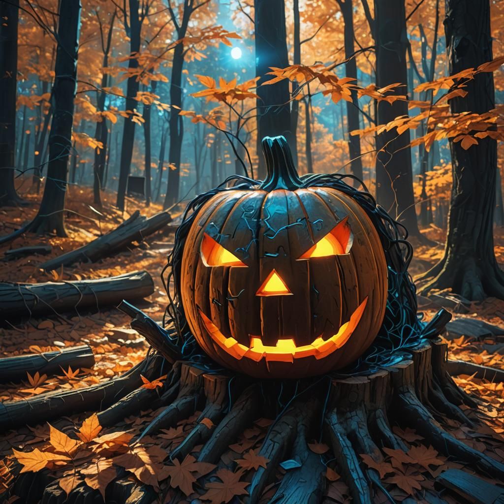 Cyberpunk Jack-O'-Lantern in Autumn Woods