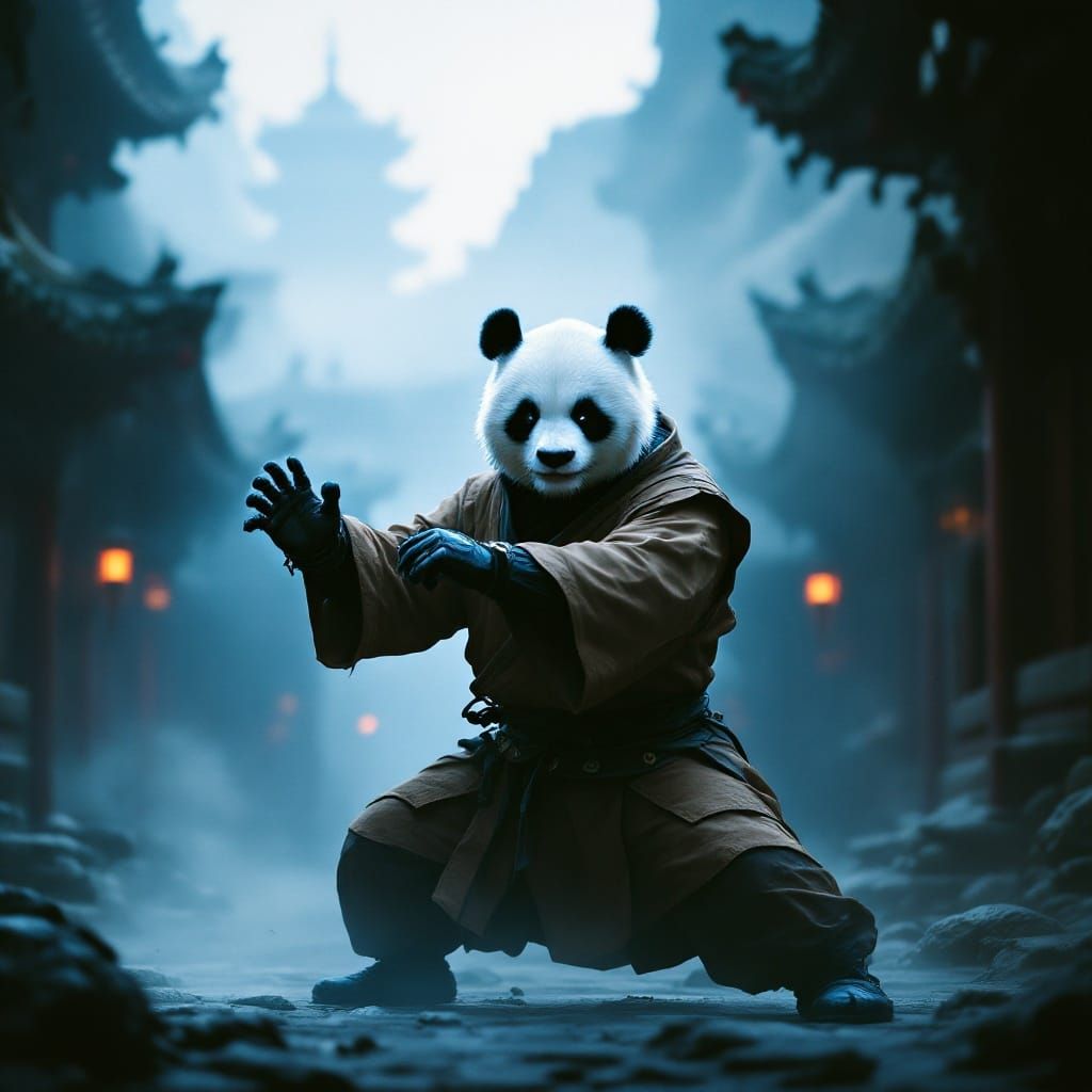 Panda Monk in Shaolin Monastery, Cinematic Lighting